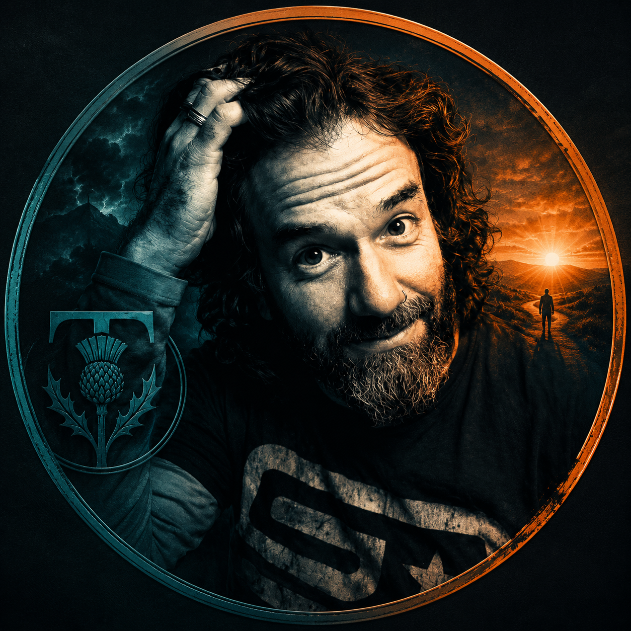 A man with curly hair and a beard, holding his head with one hand, smiling at the camera, with a sunset and a person walking on a path in the background, and a logo with a thistle plant on his sleeve.