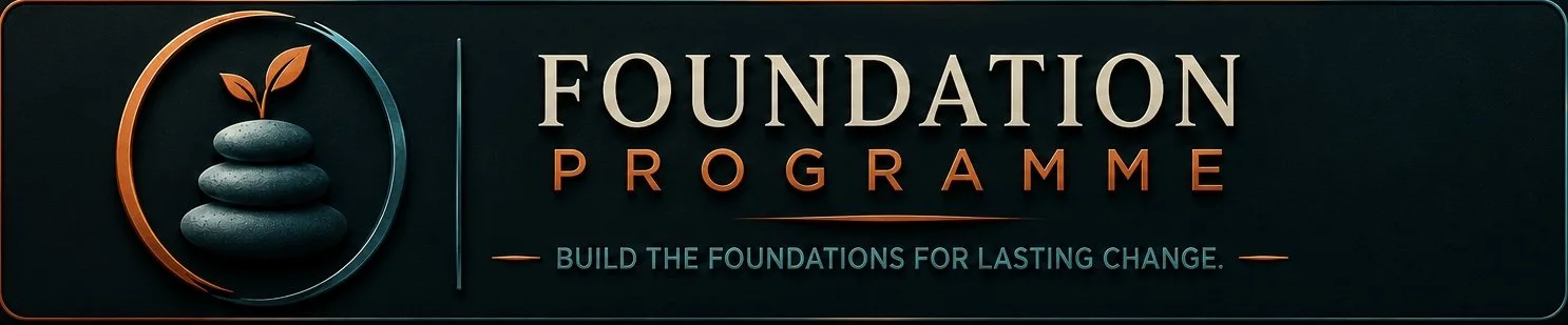 Logo for the Foundation Programme with a stack of stones and a plant sprout, featuring the text 'Foundation Programme' and the tagline 'Build the foundations for lasting change'.