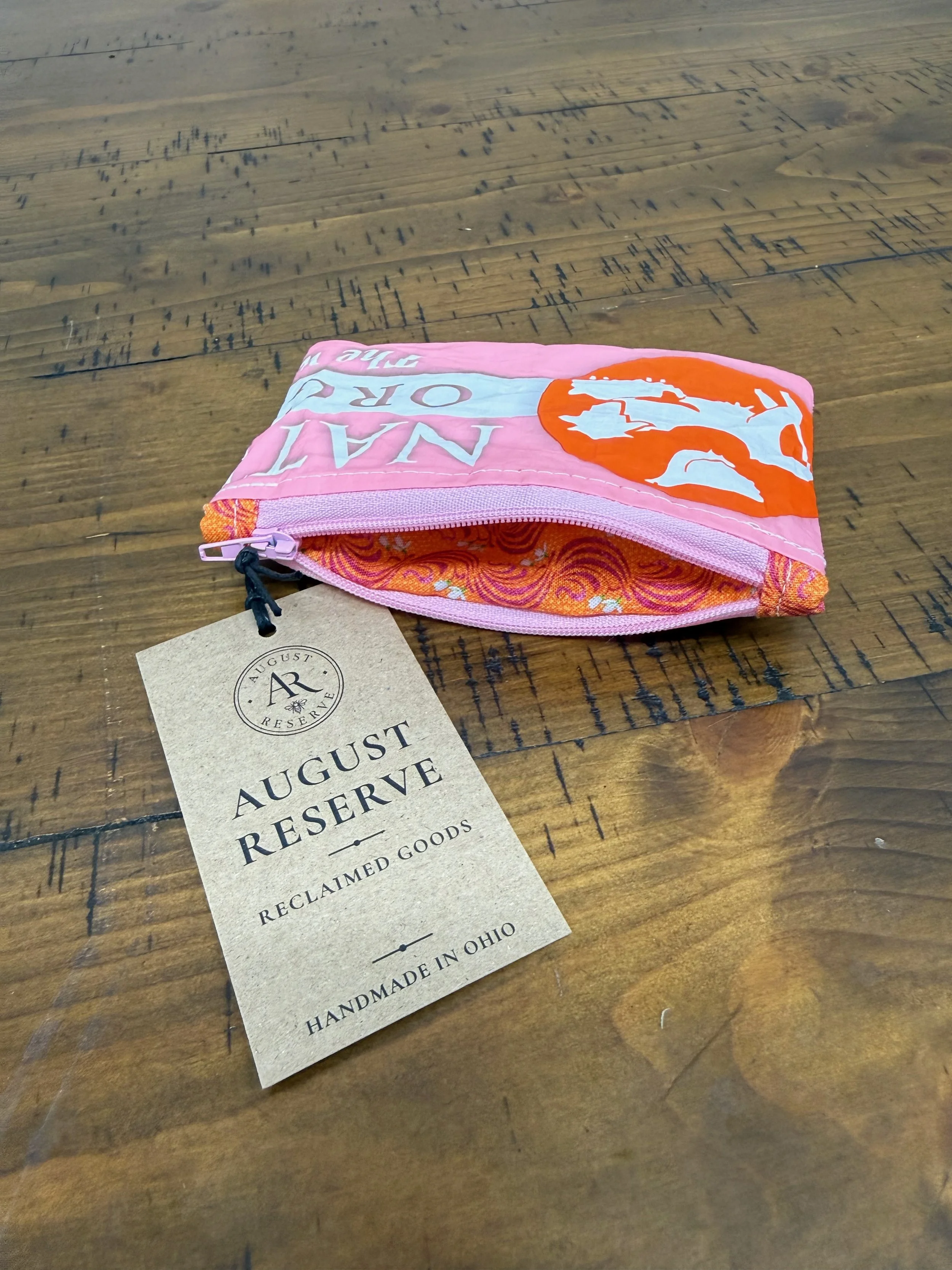 Pink Organic Coin Purse - Orange floral print liner