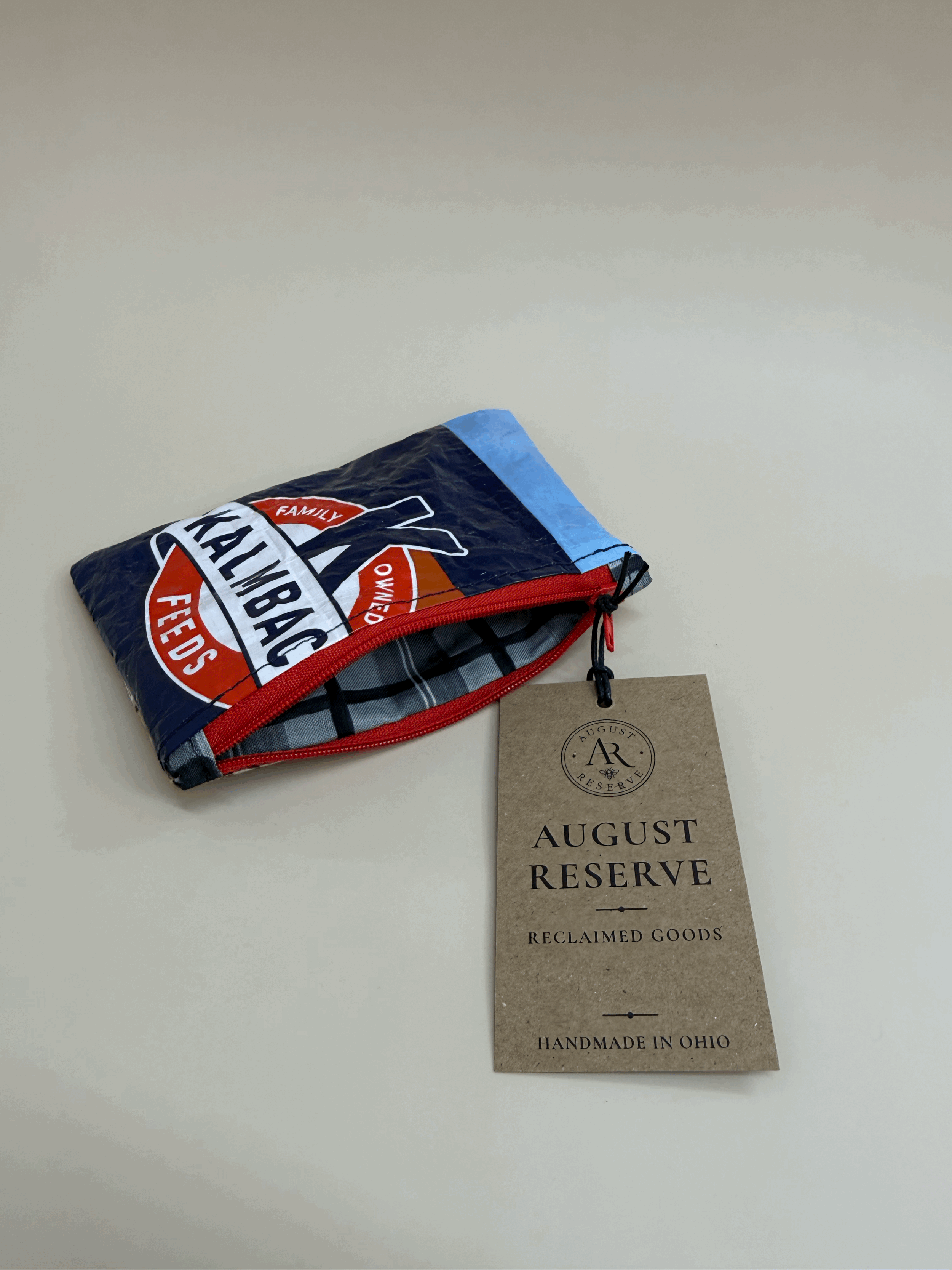 Blue/Orange Kalmbach lined coin pouch - Gray/Black plaid liner