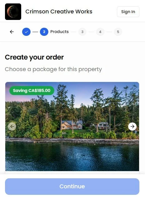 Webpage showing a property listing with trees and a house by the water, with a green label indicating a savings of CA$185.