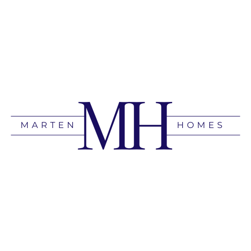 Logo for Marten Homes with large 'MH' in the center and 'Marten' and 'Homes' on either side, in navy blue.