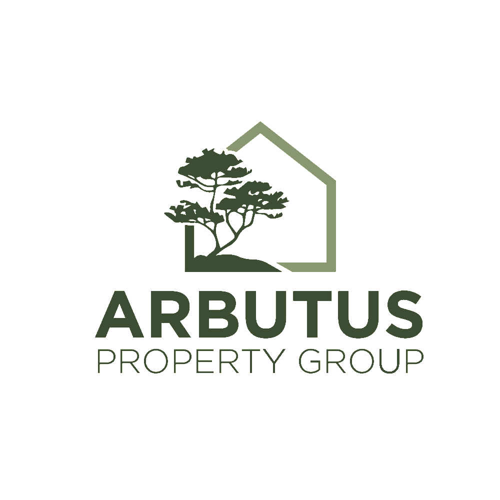 Logo for Arbutus Property Group featuring a house outline, a tree, and text.