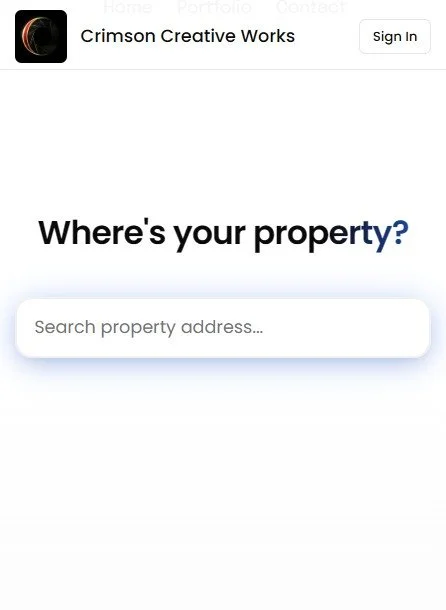 Screenshot of a mobile webpage titled 'Crimson Creative Works' with a sign-in button and a prompt asking 'Where's your property?' and a search bar for entering a property address.