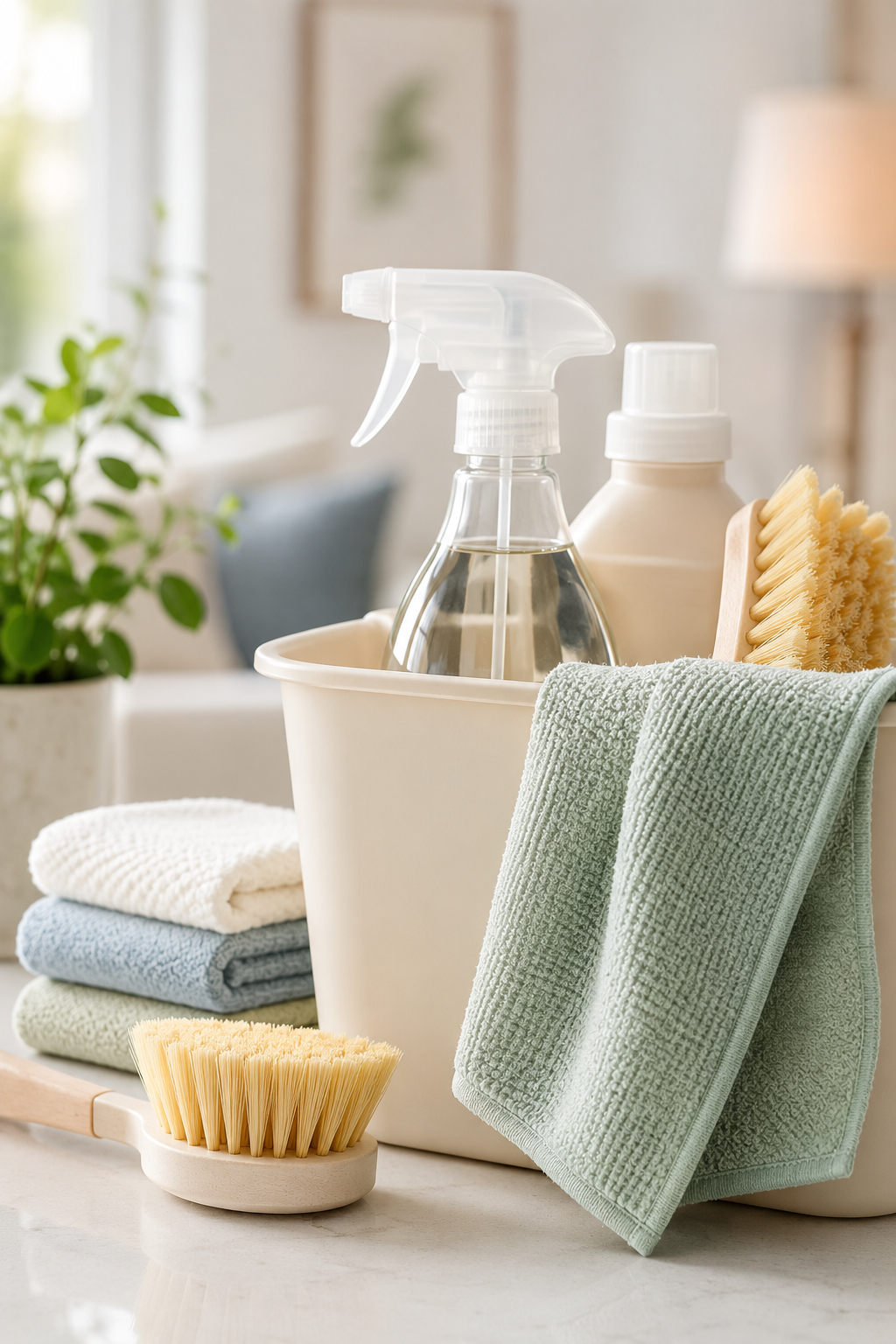 Cleaning supplies including spray bottle, bottles of liquids, scrub brush, and folded towels on a countertop with a plant in the background.