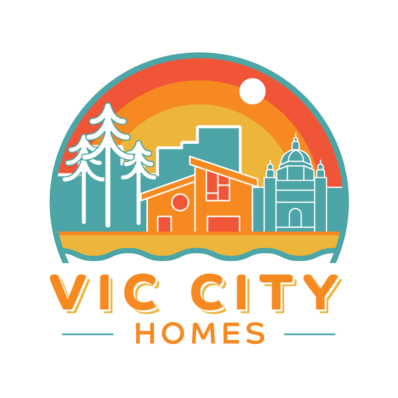 Logo featuring a stylized cityscape with trees, a modern house, and a historic building, with a sun in the background and the text 'VIC CITY HOMES' below.