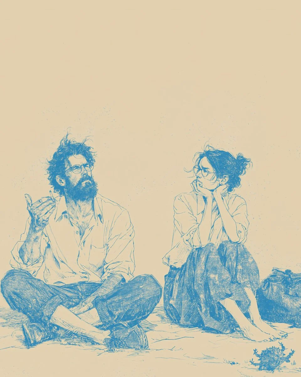 Line drawing of a man with glasses and a beard, and a woman with glasses and messy hair, sitting on the ground, having a conversation.