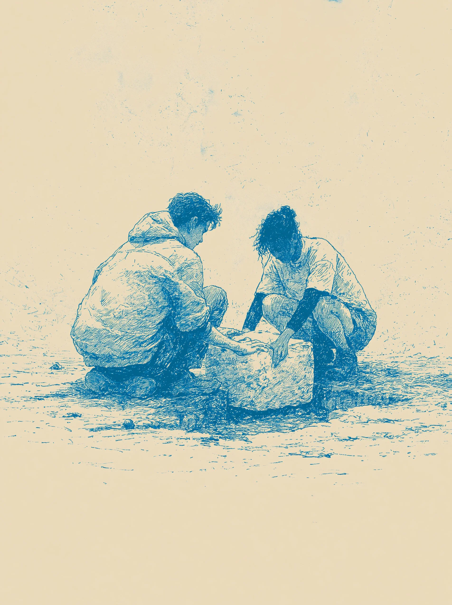 Two people sitting on the ground next to each other, appearing to focus on something in front of them, in an outdoor setting.