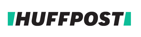 HuffPost logo with black text and turquoise lines on each side.