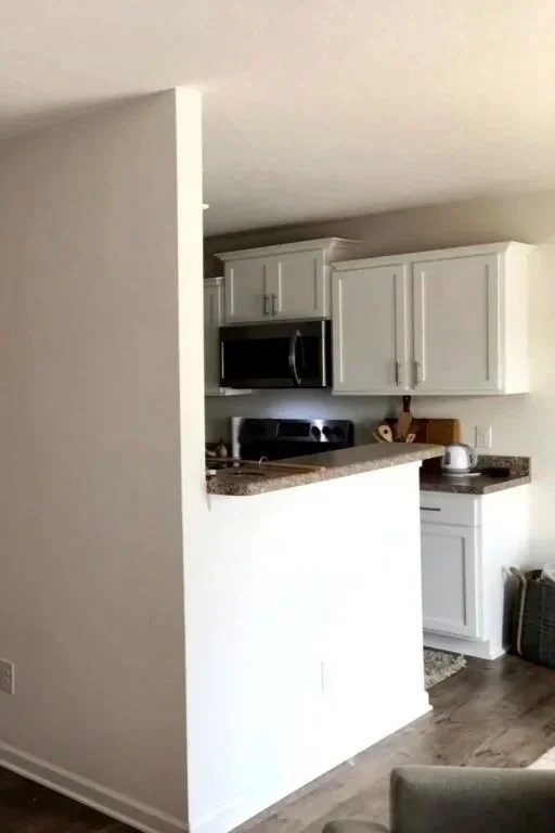 view of kitchen from living space pre renovation