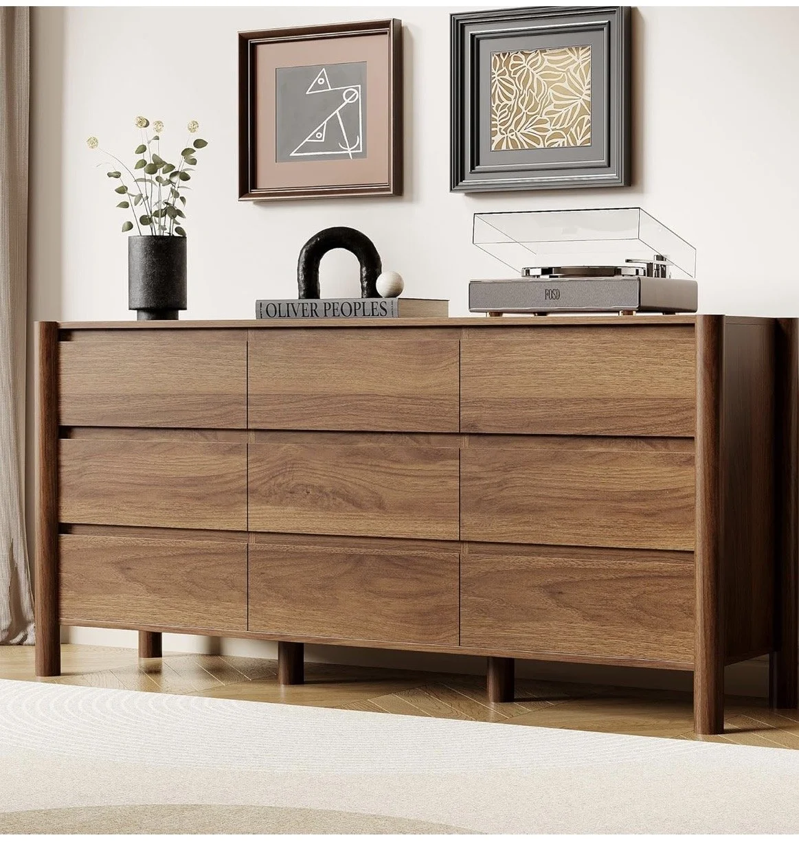  stock amazon image of a medium wood mid century modern style dresser with 9 drawers. 