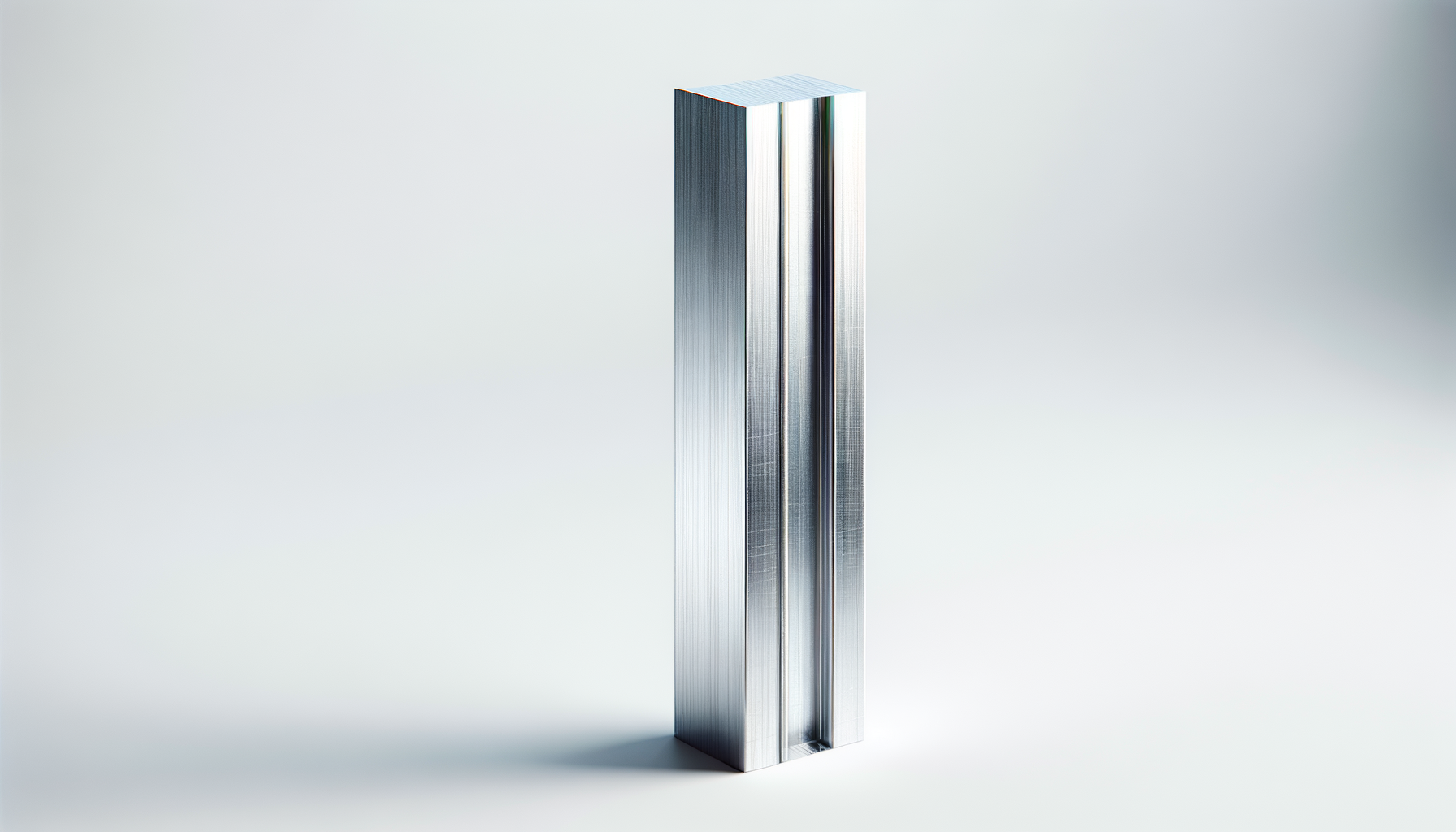 A tall, rectangular metallic object with a sleek, minimalist design, standing upright on a white surface against a light gradient background.