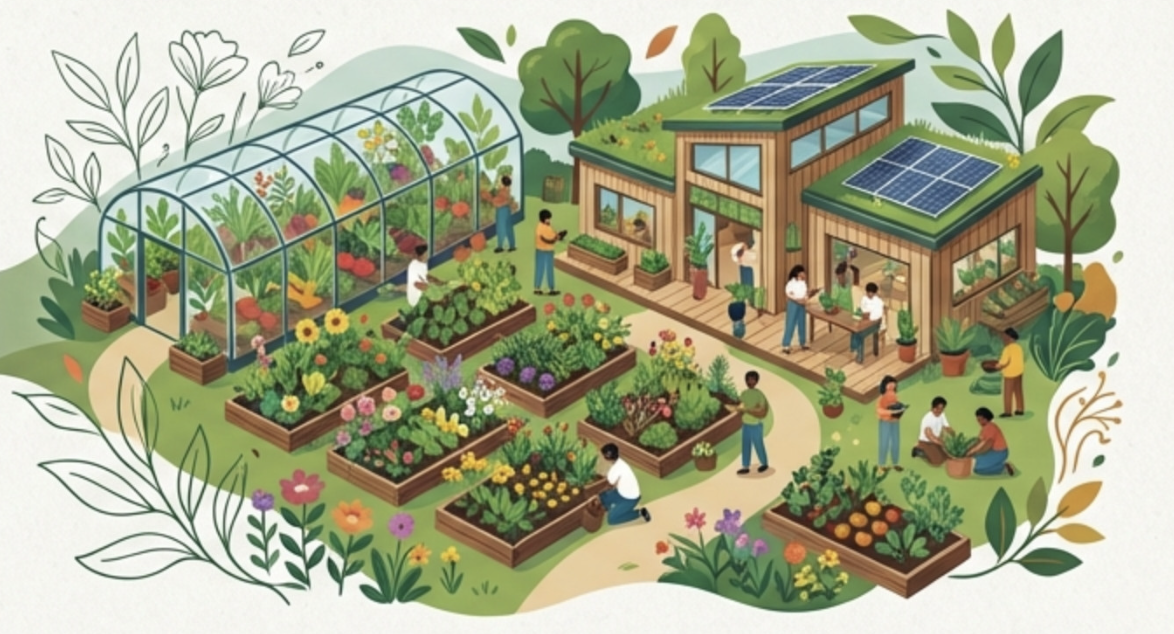 Community garden with greenhouses, raised garden beds filled with colorful flowers and vegetables, solar panels on the buildings, and people working and gardening outdoors.