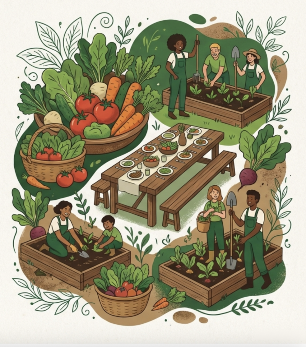 Illustration of people gardening, harvesting vegetables, and preparing a meal with fresh produce including tomatoes, carrots, radishes, and leafy greens.