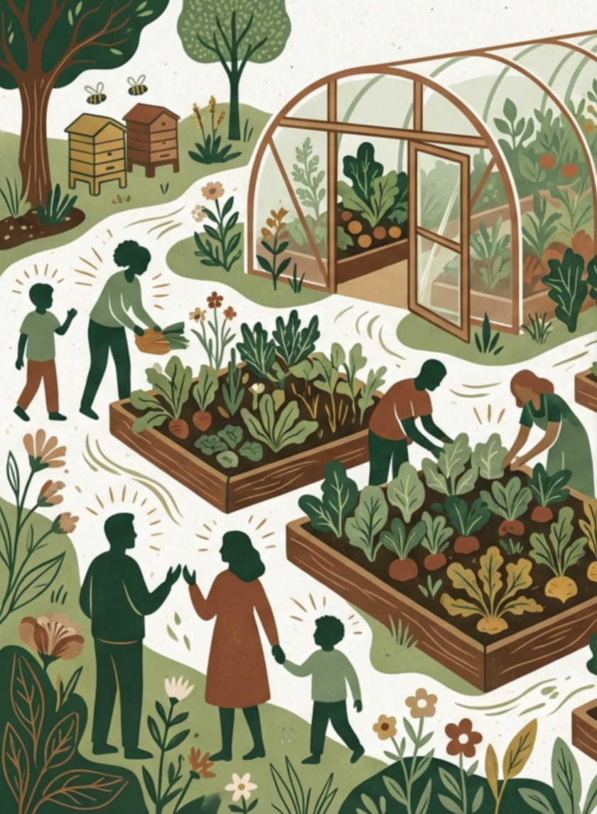 People gardening and enjoying a community garden scene, with a greenhouse, raised beds of vegetables, and trees, in a cartoon style.