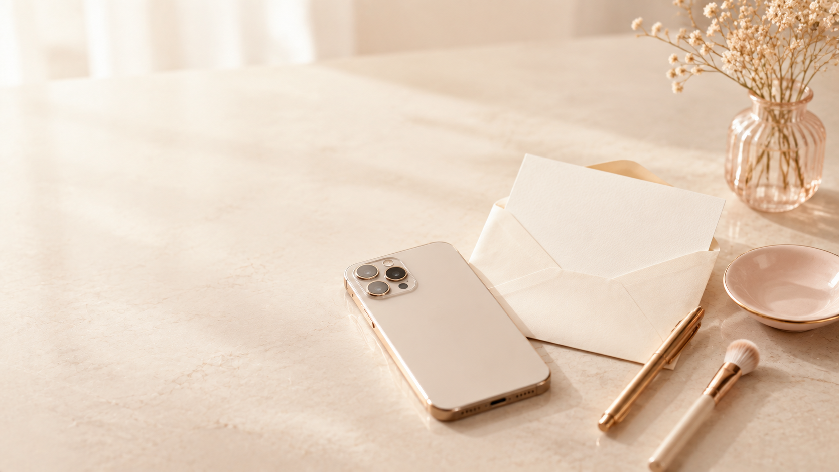 A flat lay of a beige marble table with a gold iPhone, a white envelope with a blank card inside, a gold pen, a makeup brush, a pink petal bowl, and a pink glass vase with white flowers.