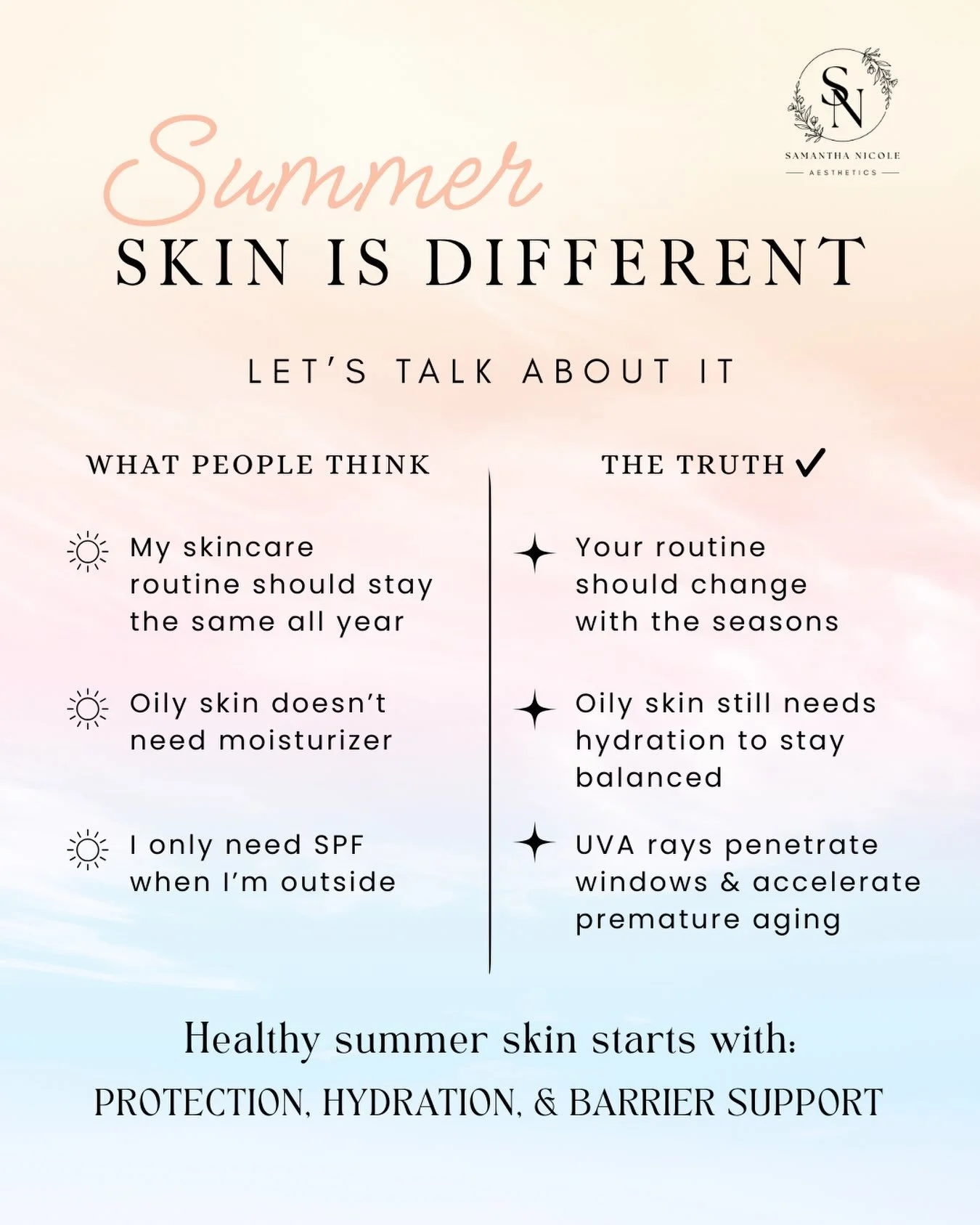 One of the biggest reminders this summer? ☀️

Your skin changes with the seasons, and your routine should too. A few thoughtful adjustments can go a long way in keeping your skin healthy, balanced, and glowing all season long.

Here&rsquo;s what I re