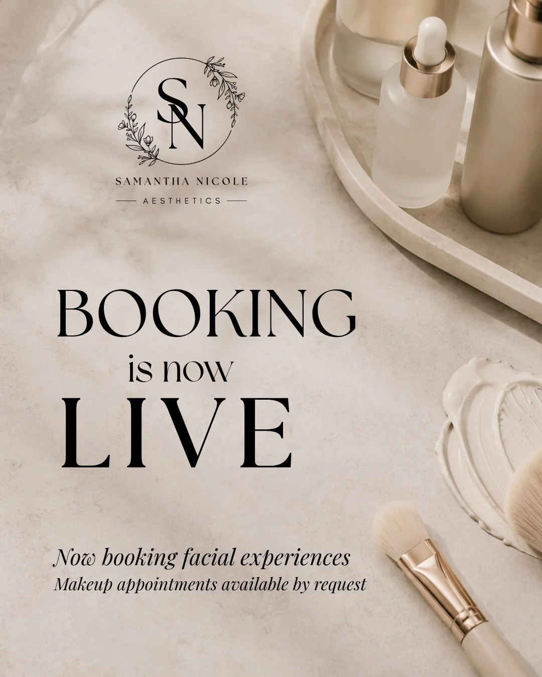 ✨ BOOKING IS NOW LIVE ✨

I&rsquo;m so excited to officially welcome you to Samantha Nicole Aesthetics.

Whether you&rsquo;re looking for a relaxing, customized facial experience or makeup that makes you feel like the best version of yourself, I canno