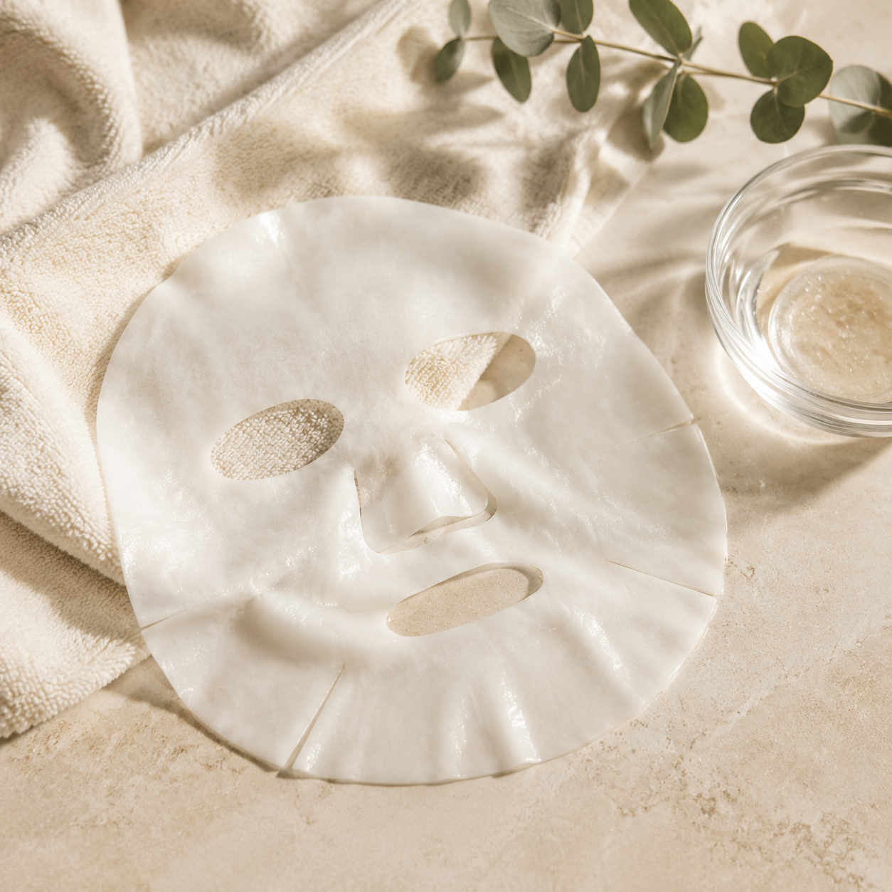 A white sheet mask, a glass bowl of serum, and eucalyptus leaves on a beige surface with a beige towel.