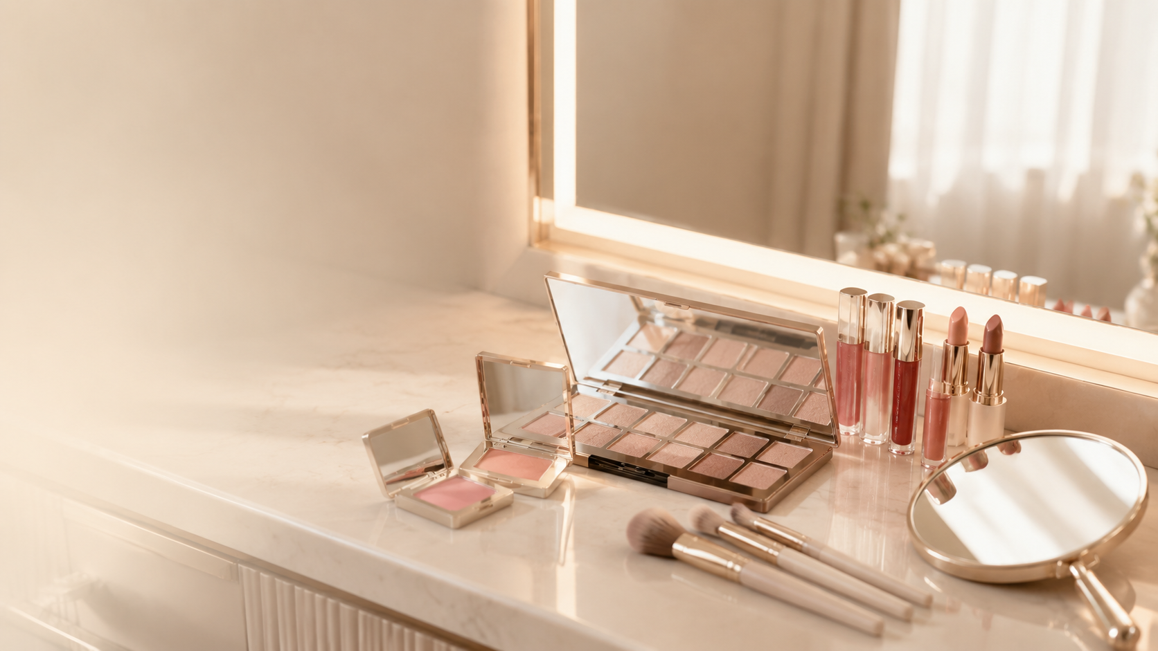 A vanity table with a large mirror lit by warm light, holding makeup products including eyeshadow palettes, lipsticks, blush, makeup brushes, and a small round mirror, in a softly lit room.