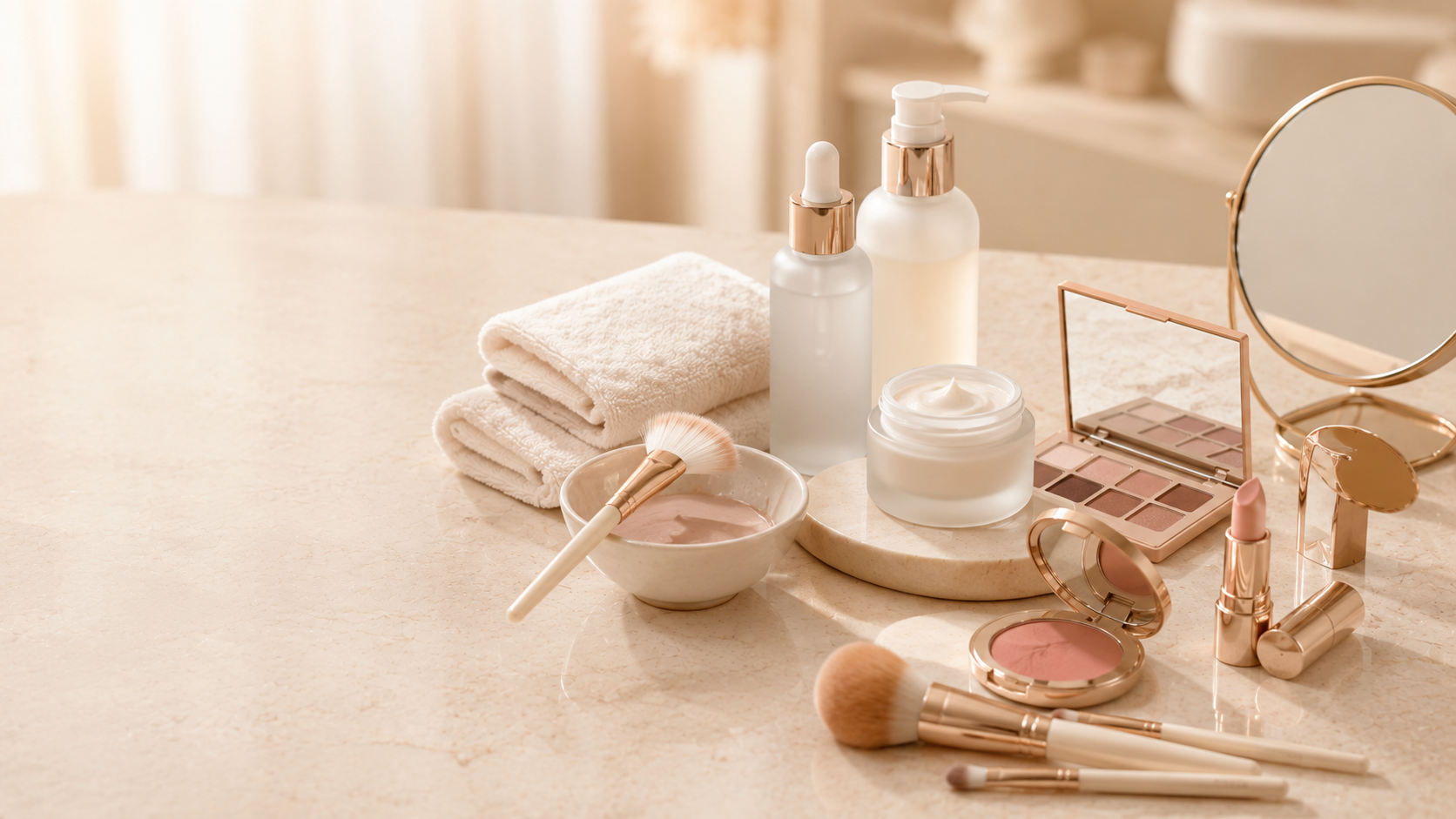 Beauty products including makeup, skincare, brushes, and towels arranged on a marble surface.