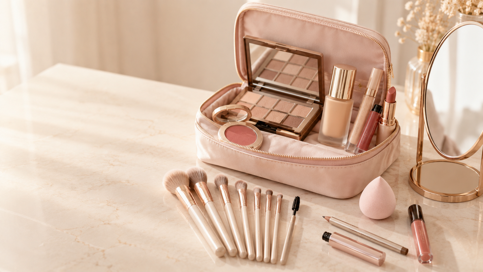 A pink makeup bag containing an eyeshadow palette, foundation bottle, lip gloss, lipstick, and other makeup products on a marble surface. Additional makeup brushes, a sponge, and lip gloss tubes are arranged outside the bag, with a small round mirror on the right.