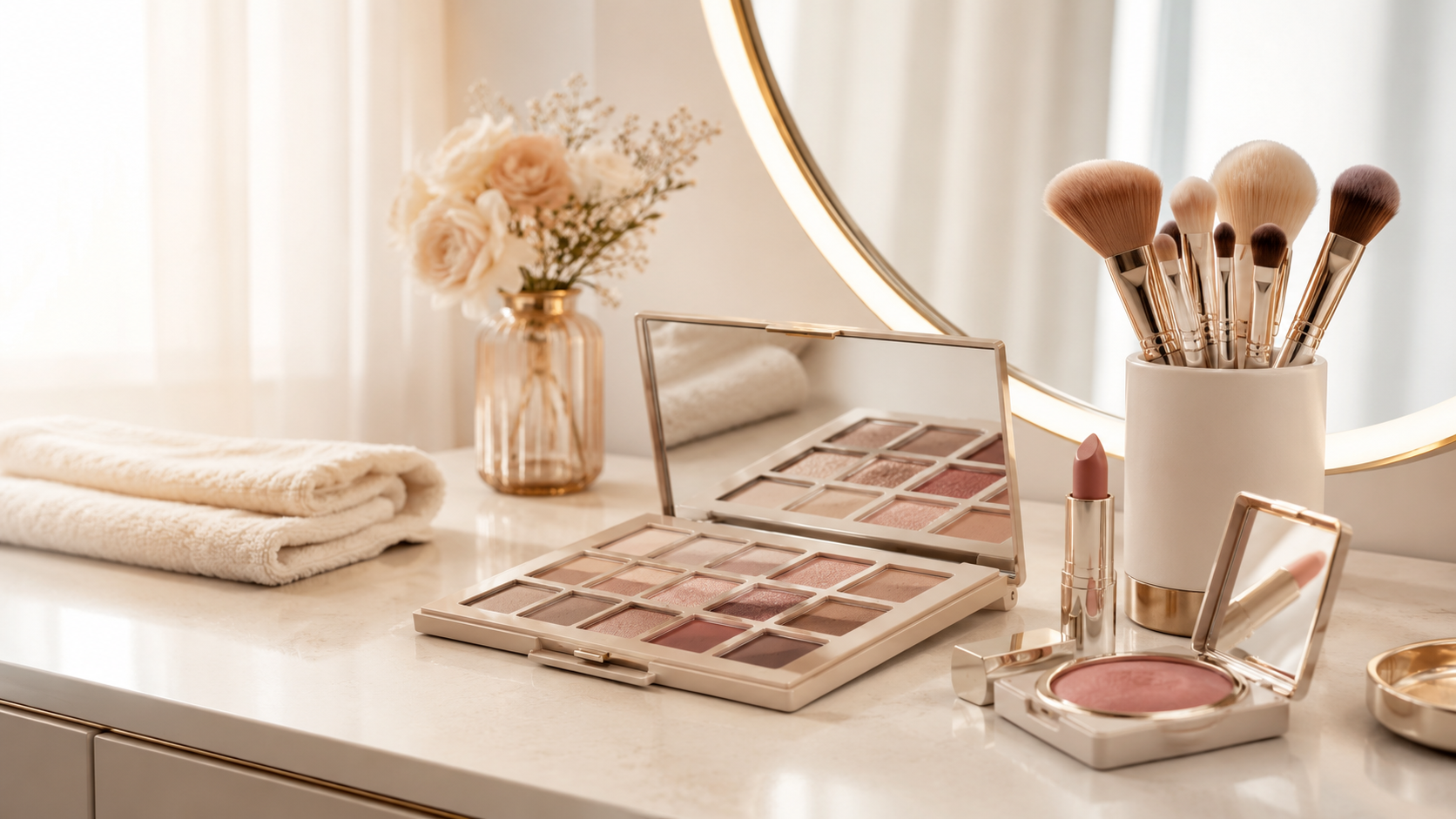A makeup vanity table with an open eyeshadow palette, a compact highlighter or blush, a lipstick, a set of makeup brushes in a white holder, a mirror, and a vase with flowers. There are folded towels to the left.