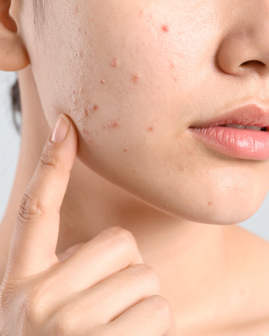 Close-up of a woman's face with acne and pimples on her cheek, gently touching her skin.