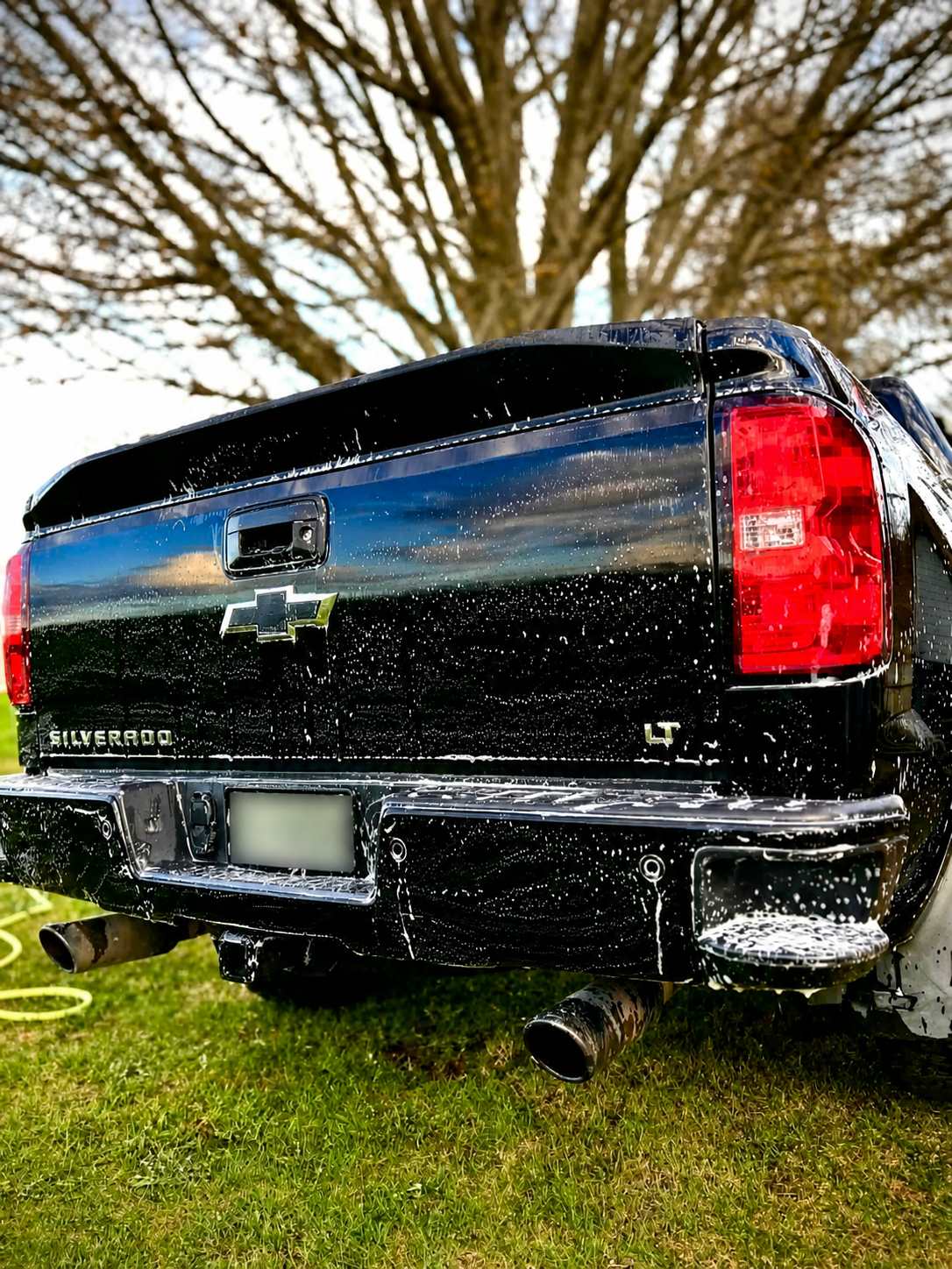 Rear view of a black Chevrolet Silverado LT pickup truck with soap suds on the surface, parked on grass with a large tree in the background.