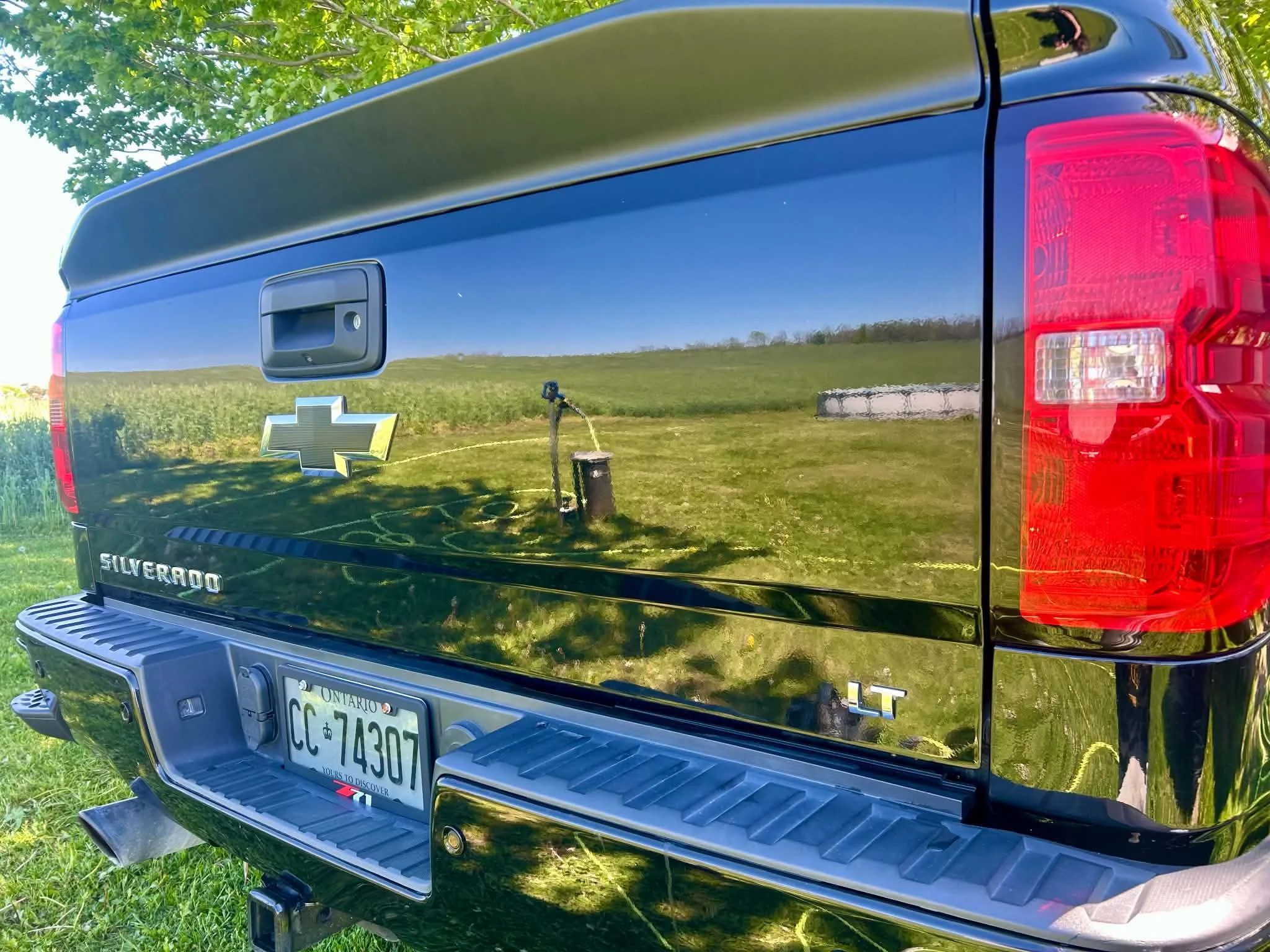 The rear of a black Chevrolet Silverado truck parked on grass with trees in the background, reflecting the green surroundings on its shiny surface. The truck has red tail lights, a tailgate with the Chevrolet logo, a license plate from Ontario, and a step bumper.