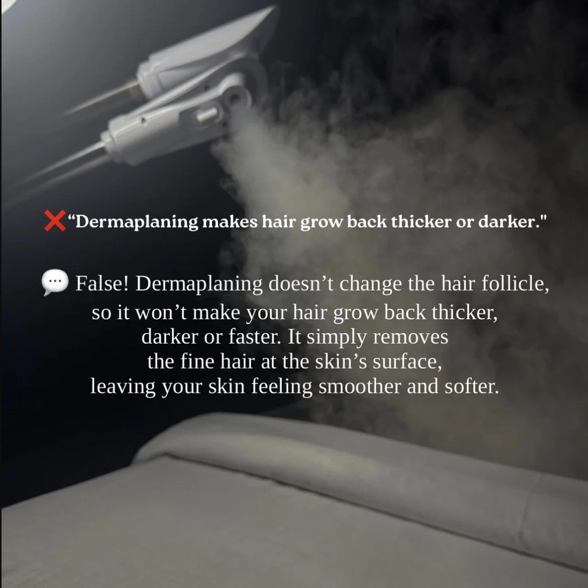 A close-up of a steam iron releasing steam, with overlaid text explaining that dermaplaning does not make hair grow back thicker or darker, emphasizing that dermaplaning simply removes fine hair at the skin's surface for smoother skin.