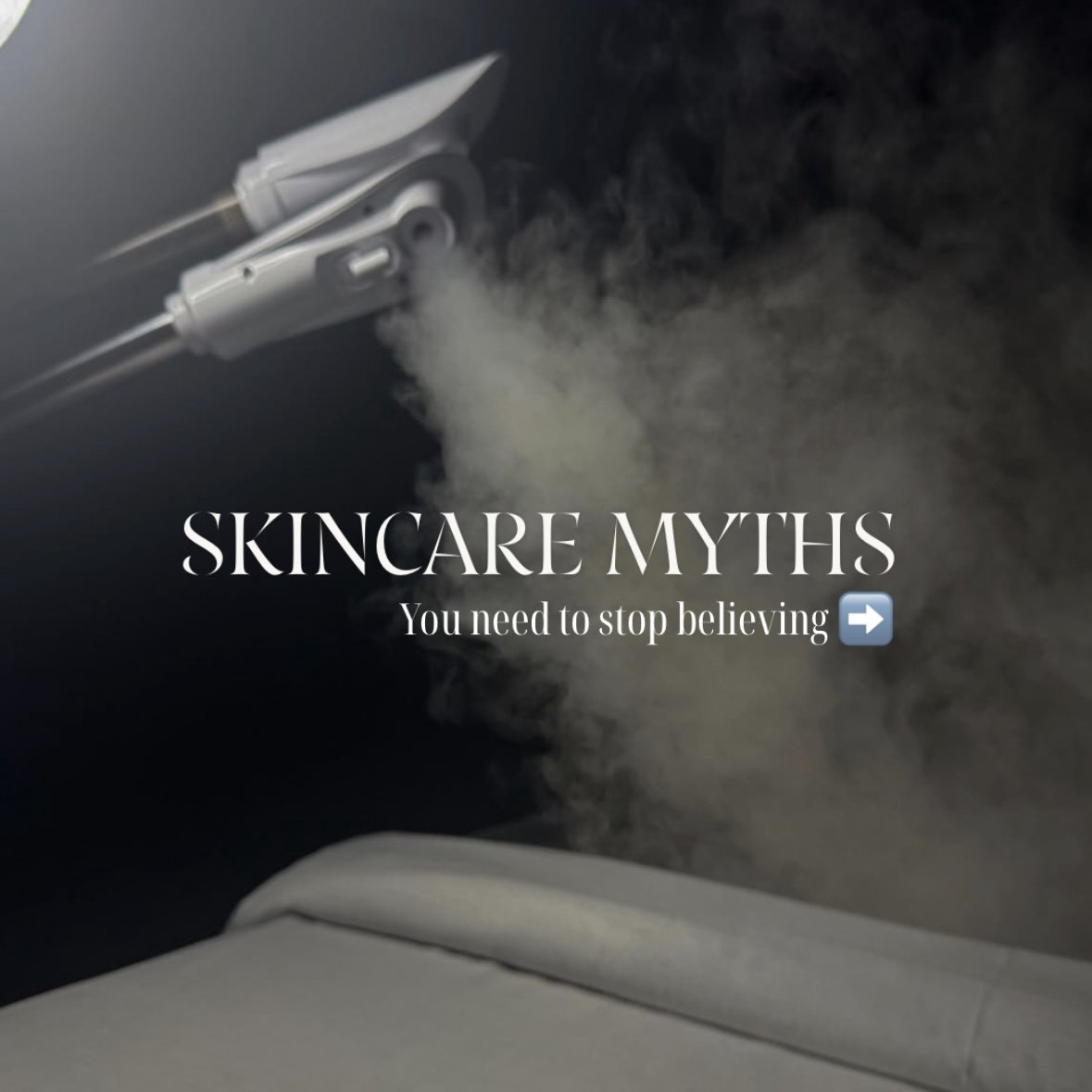 Text overlay on a dark background with a spaceship releasing white vapor: "SKINCARE MYTHS You need to stop believing" with a right arrow emoji.