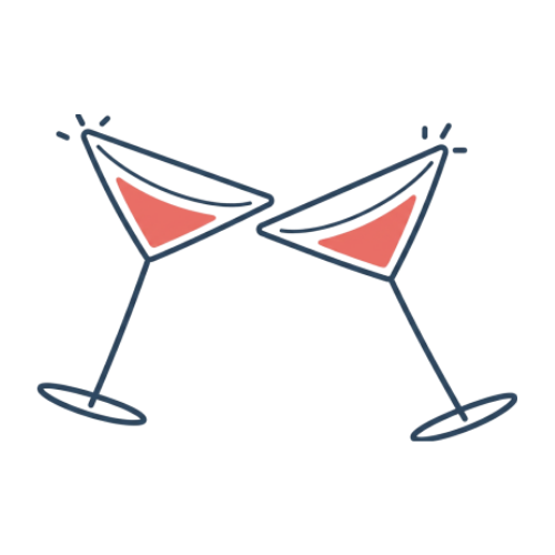 Two clinking champagne glasses with pink liquid inside, celebrating.