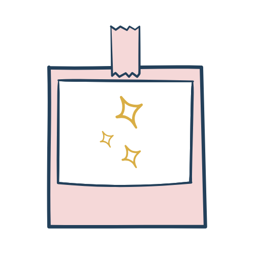 A Polaroid-style instant photograph with a black background, three yellow star-like sparkles, and a pink border at the bottom. It is taped at the top with a piece of tape.