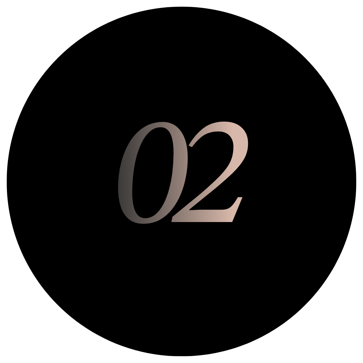 Number '02' in large, metallic pink font on a black background.