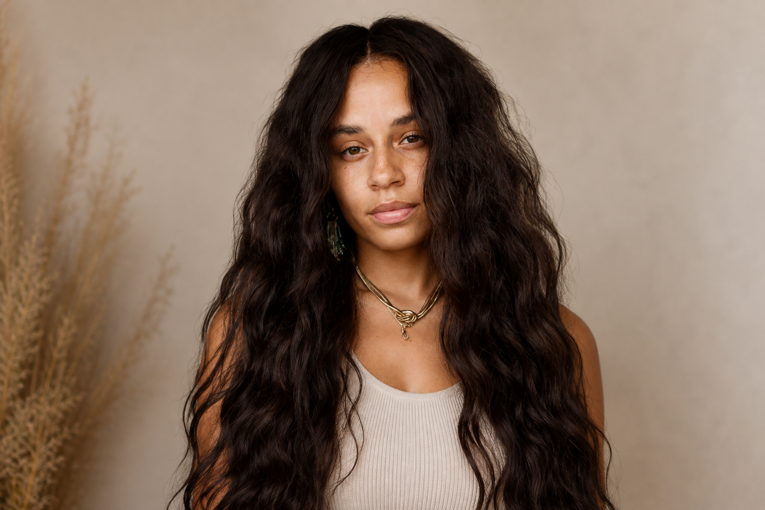 A woman with long, curly dark hair wearing a beige tank top and layered gold necklaces.