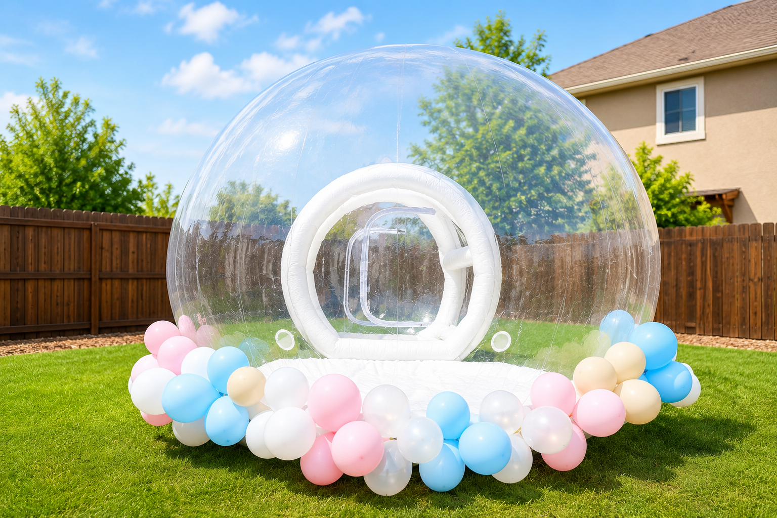 A large inflatable bubble with a white interior ring, surrounded by pastel-colored balloons (pink, blue, white, beige) on a green lawn in a backyard, with a wooden fence and house in the background under a blue sky with some clouds.
