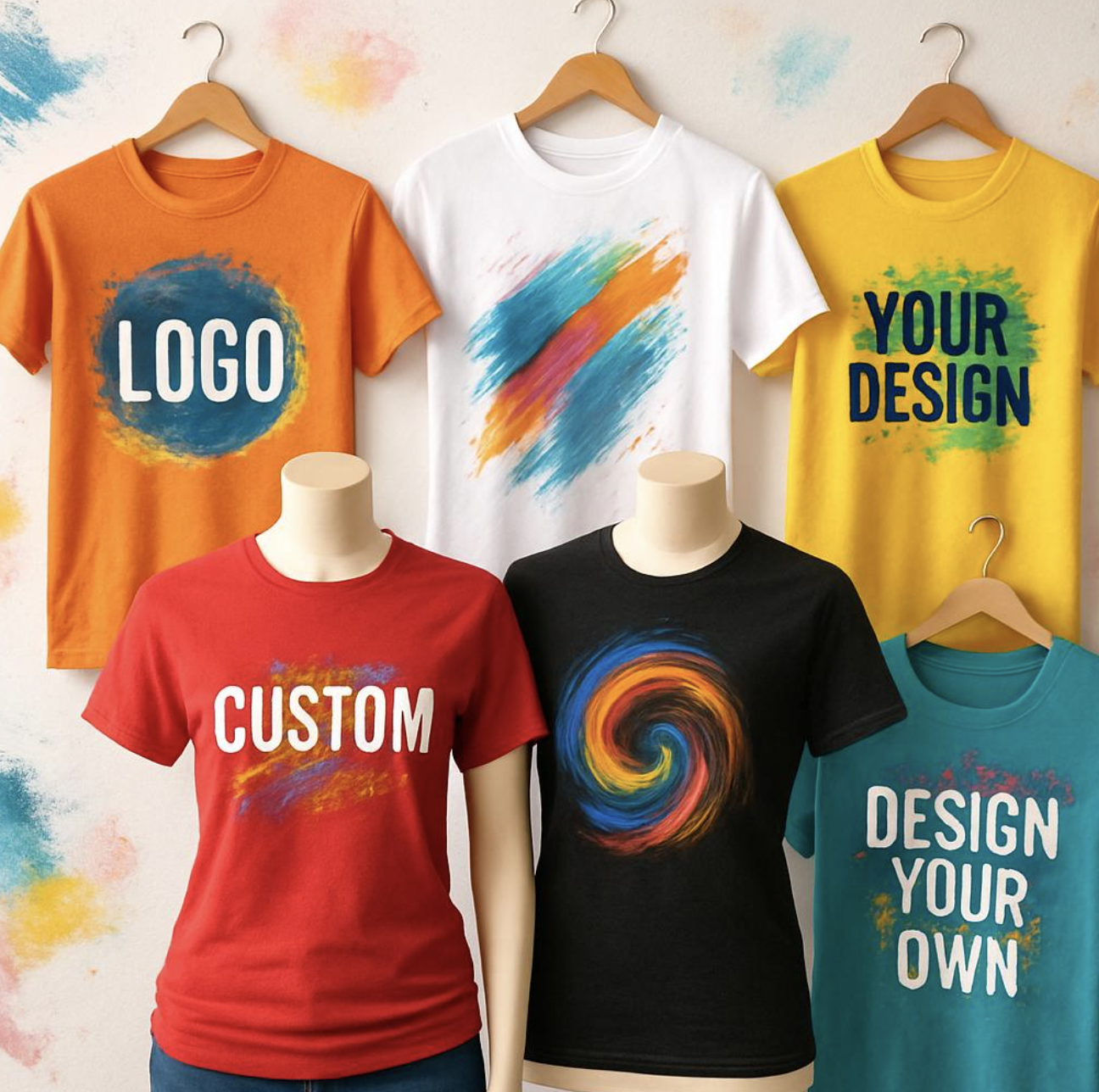 Colorful T-shirts with abstract, brushstroke, or swirl designs displayed on mannequins and hangers, with some featuring customizable text such as 'LOGO', 'YOUR DESIGN', 'CUSTOM', and 'DESIGN YOUR OWN'.