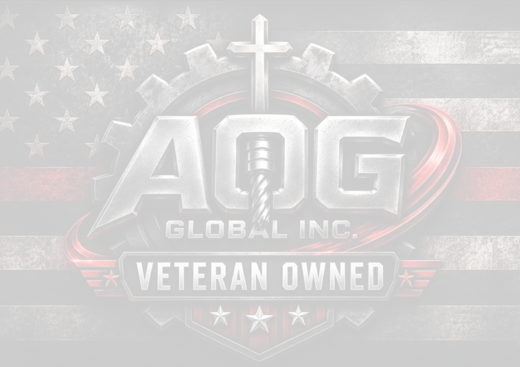 This is a faded graphic featuring stars and stripes with a prominent emblem in the center. The emblem is a gear with a cross on top, a drill bit in the middle, and text indicating the company is a veteran-owned, global, AGO vehicle repair service.
