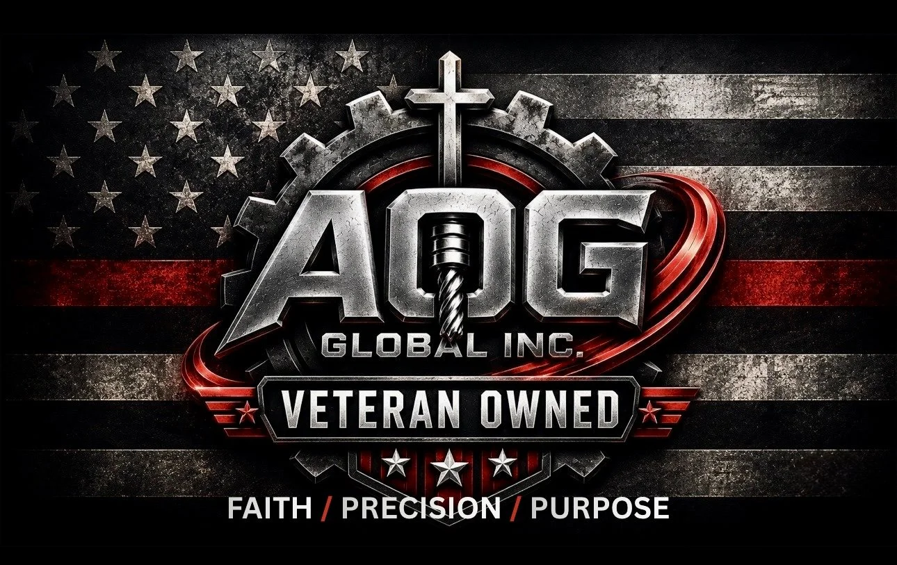 Logo for AOG Global Inc., veteran owned, featuring a large metallic gear, a cross, and the American flag in the background with red, black, and gray color themes, and words 'Faith, Precision, Purpose' at the bottom.