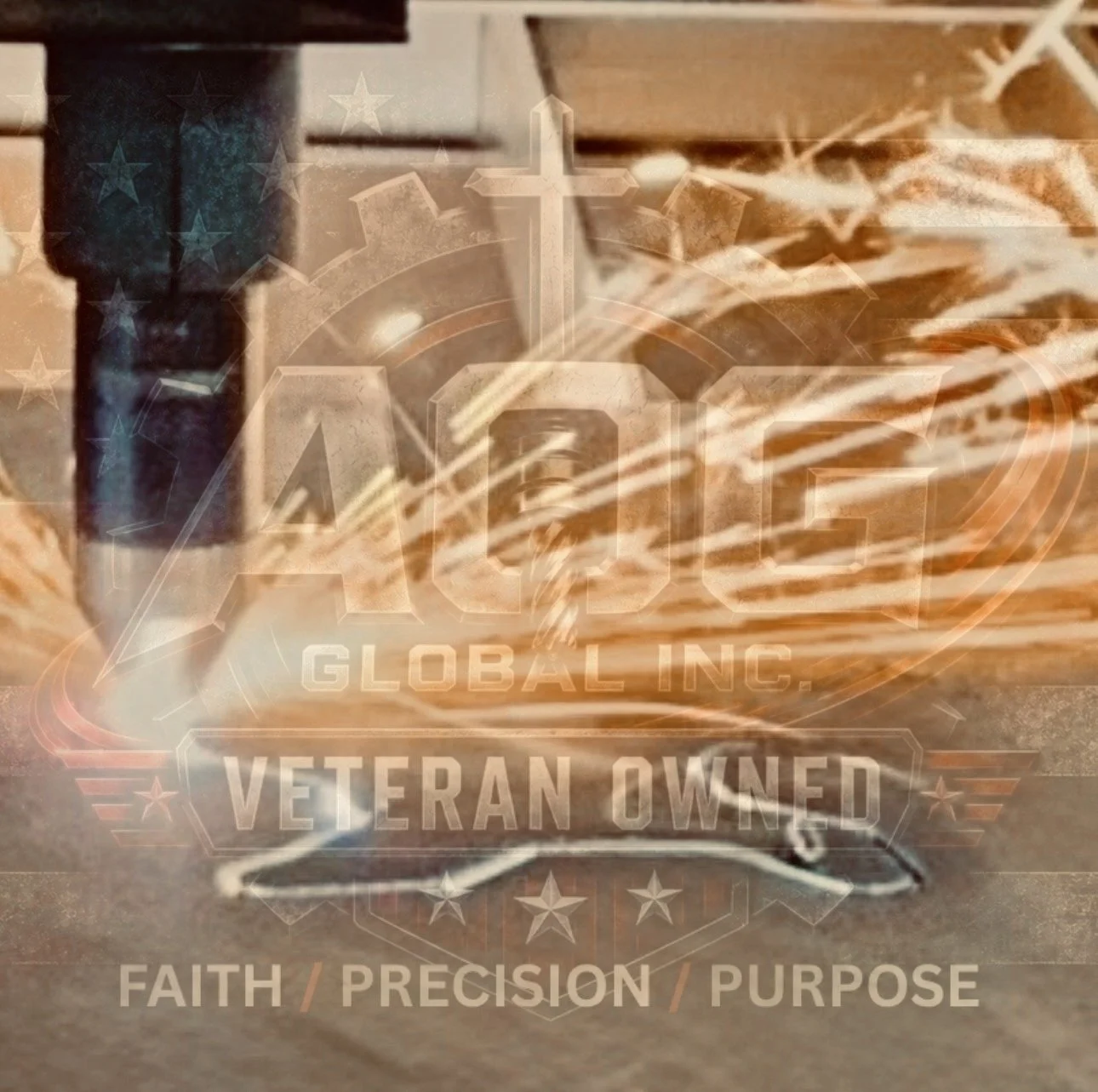 Close-up of a spark plug with overlayed text and graphics. The text reads 'VOTE GLOBAL INC. VETERAN OWNED' with words 'FAITH,' 'PRECISION,' and 'PURPOSE' at the bottom. There are patriotic stars and a cross symbol as part of the design.