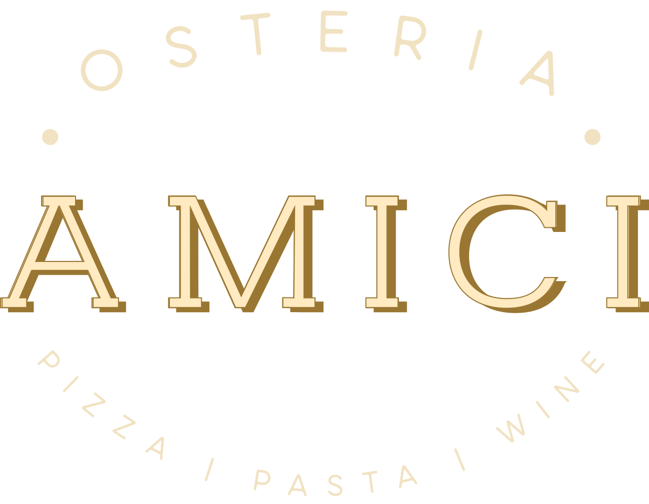 Logo for Osteria Amici featuring the restaurant name in large gold letters with a curved list of menu items below, including pizza, pasta, and wine, on a black background.