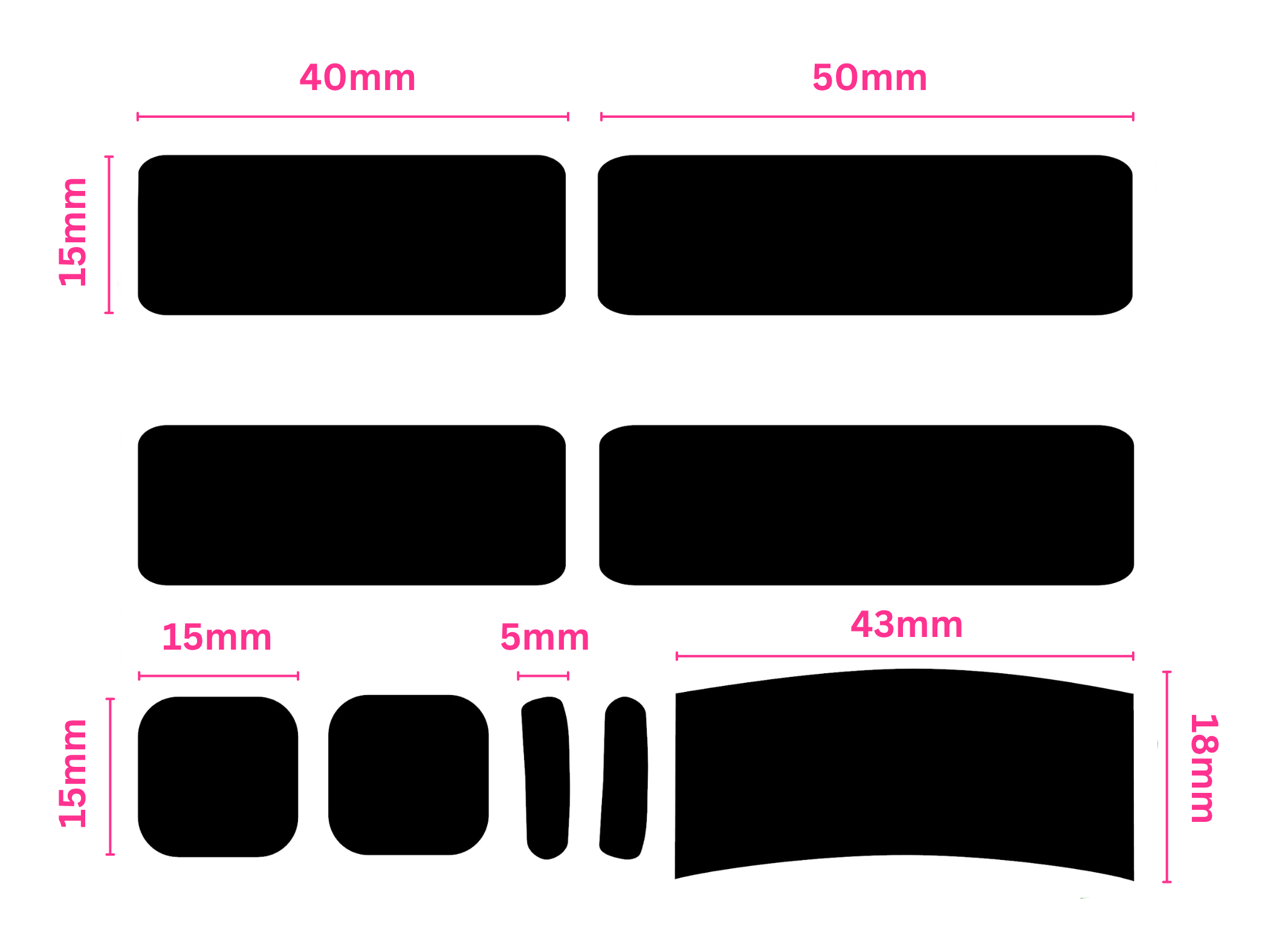 A technical drawing of a mouself grips with measurements in millimeters, including dimensions such as 40mm, 50mm, 15mm, 5mm, 43mm, and 18mm, with annotations in pink.