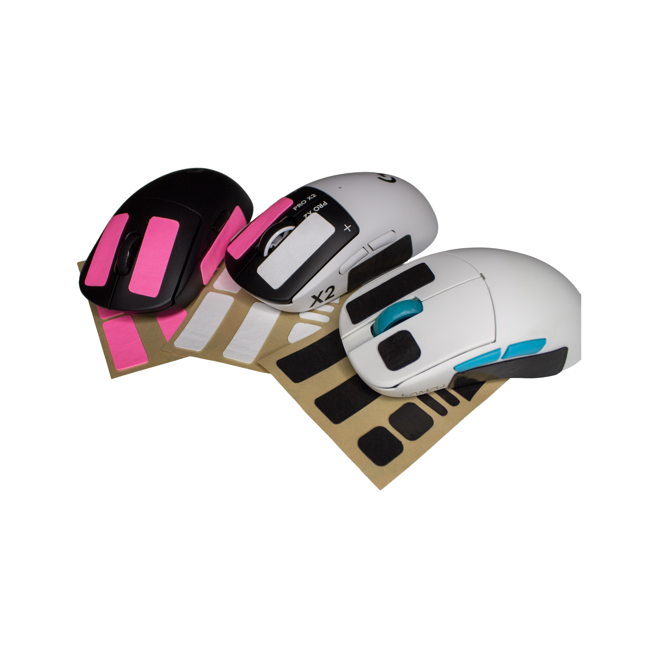 Close-up of three gaming mice(Logitech G pro, Logitech SUPERSTRIKE, Lamzu Atlantis Mini) with different mouself ZeroSlip grips, in colours black, white and pink. Placed on top of the grip sheets up for purchase.