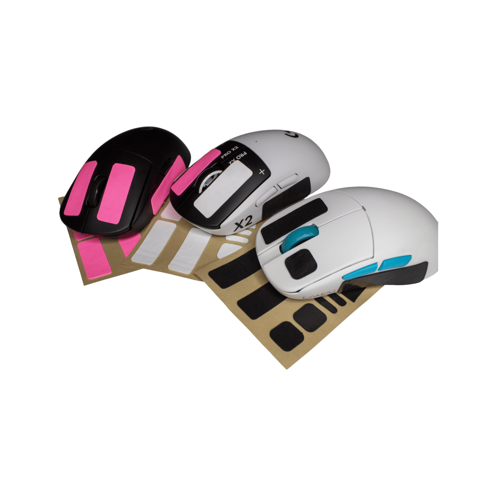 3 Gaming mice (Logitech G pro wireless, Logitech G pro Superlight X2, Logitech SUPERSTRIKE, Lamzu, Lamzu Atlantis Mini) With Mouself FUSION grips attached. And Mouself FUSION grip sheets below the mice.