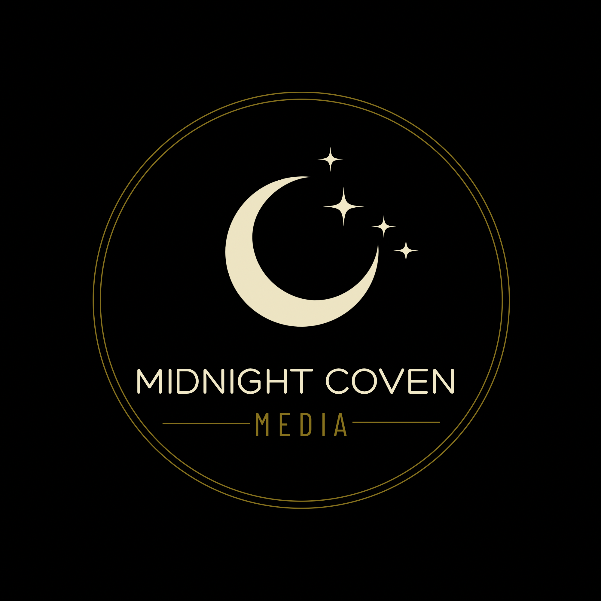 Black background with a gold crescent moon and stars, surrounded by a gold circular outline. The text 'Midnight Coven' and 'Media' is at the bottom.
