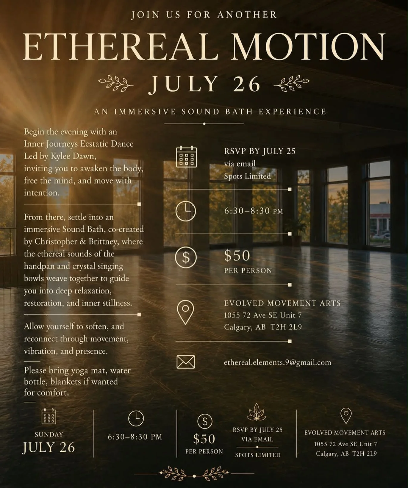 ✨ ETHEREAL MOTION ✨
Sunday, July 26 | 6:30&ndash;8:30 PM

Join us for another Ethereal Motion, an immersive evening designed to help you reconnect through movement, sound, and stillness.

Begin the evening with an Inner Journeys Ecstatic Dance, led b