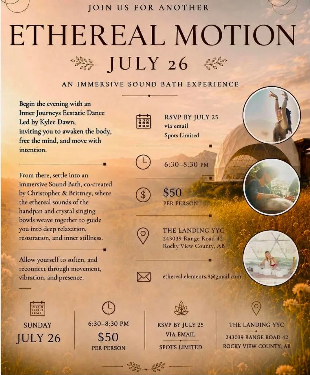 This coming weekend there are two opportunities to come and dance! Saturday night at @evolvedmovementarts and Sunday we have this beautiful gathering of Ethereal Motion ✨ 

Join this Trio for a magical Sunday at the dome. Movement, breath, sound - al