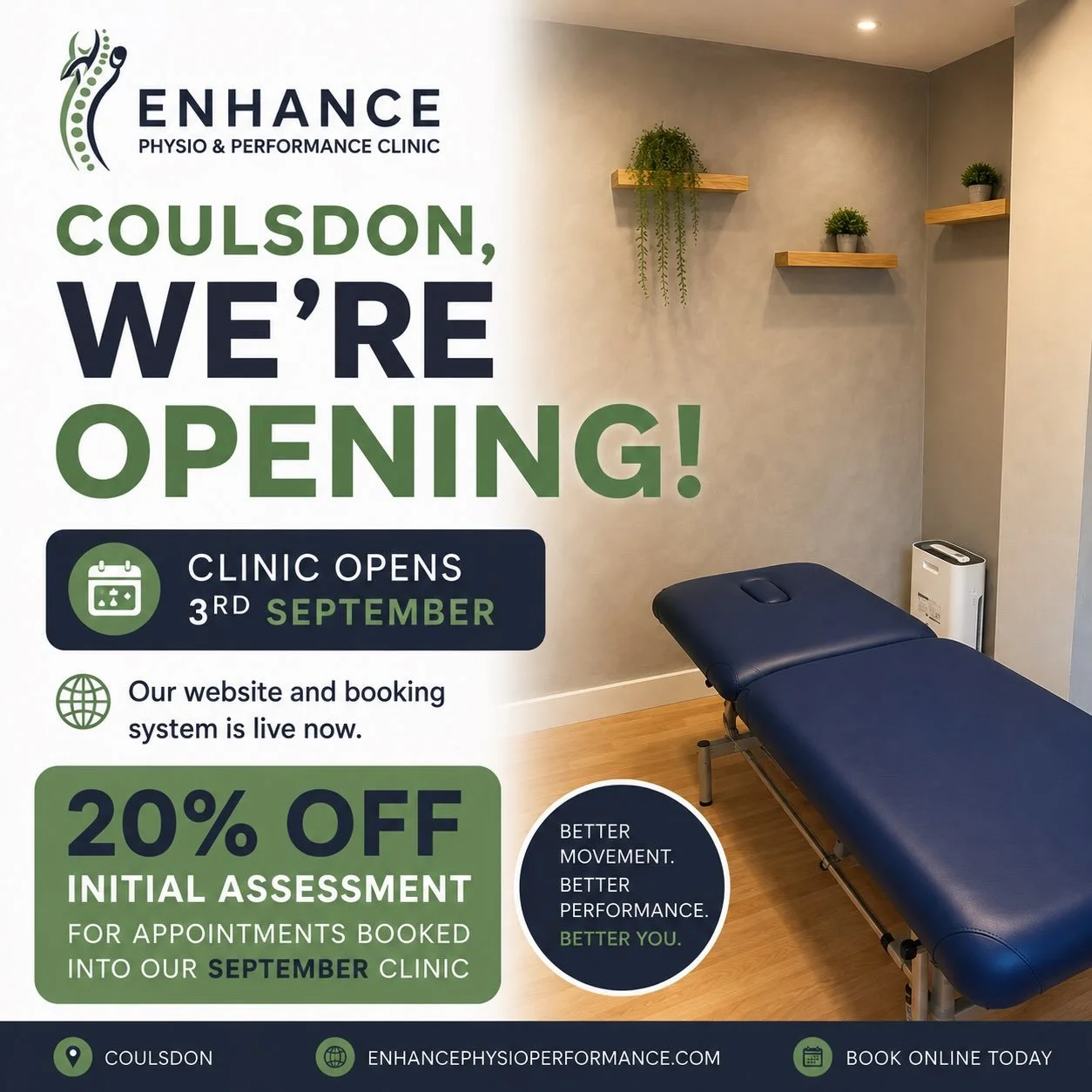🎉 WE&rsquo;RE OPENING IN COULSDON!

We&rsquo;re excited to announce that Enhance Physio &amp; Performance Clinic officially opens on 3rd September @thelifting_collective 🙌

Our website and online booking system are LIVE now, so you can already secu
