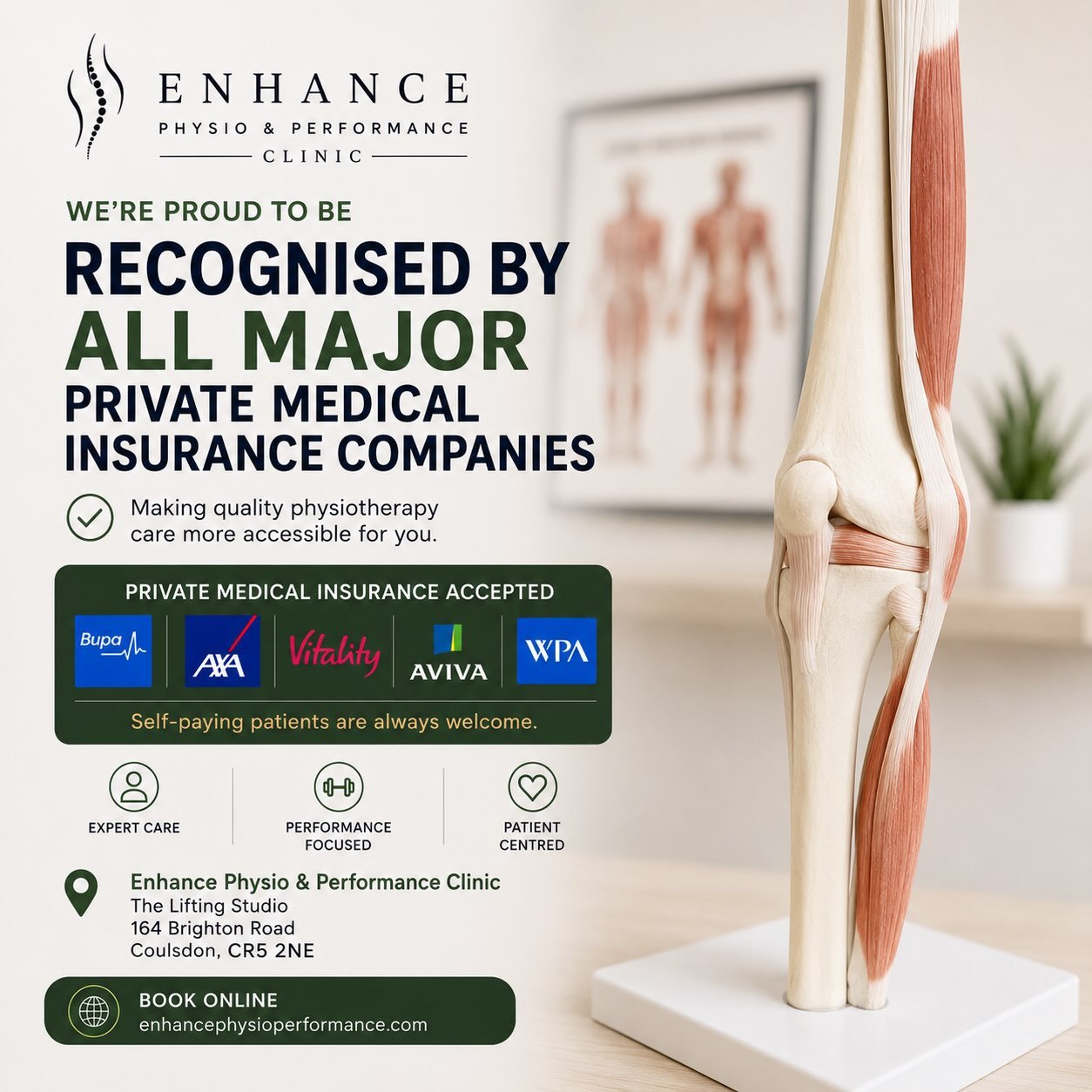 🎉We&rsquo;re pleased to be recognised by all major private medical insurance providers, making it easy to access physiotherapy through your health insurance.

No private medical insurance? No problem. We warmly welcome self-paying patients too &mdas